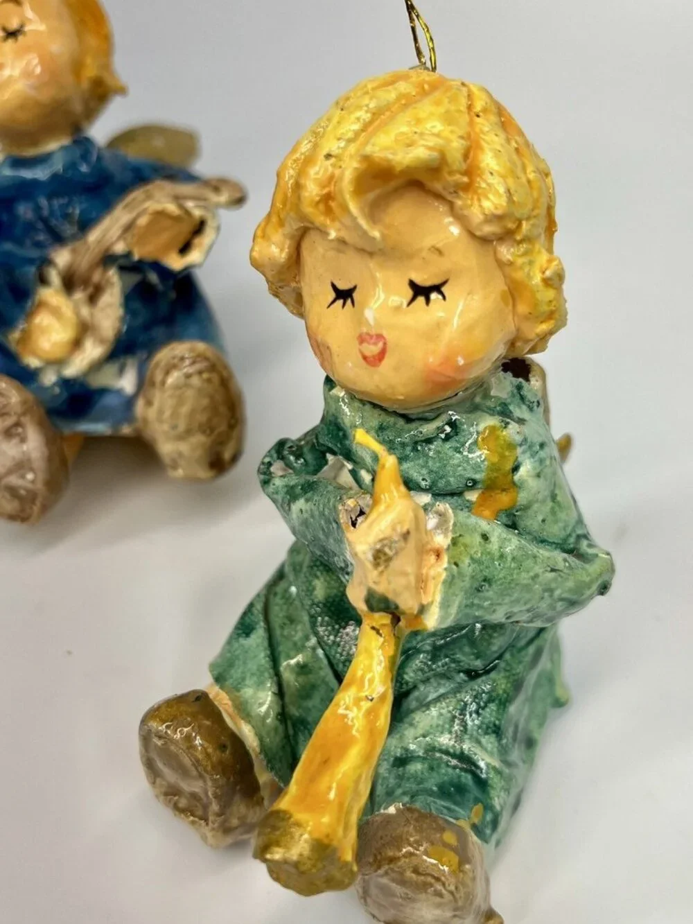Angel Christmas Ornament 3.5” Playing Instrument Horn Lute Lot Of 3 Paper Mache